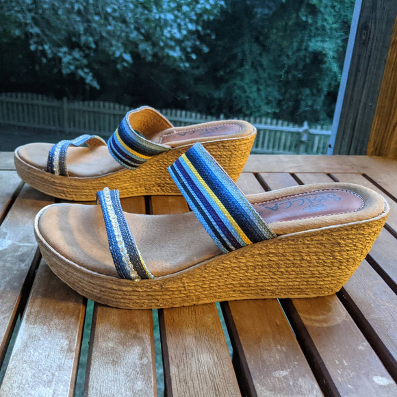 Sbicca Espadrilles wedge sandals Canyon Blue Striped Slide rhinestone * size 8 * - Picture 2 of 6